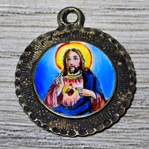 Antique Hand Painted Jesus Christ Religious Medal Pendant Sterling Silver